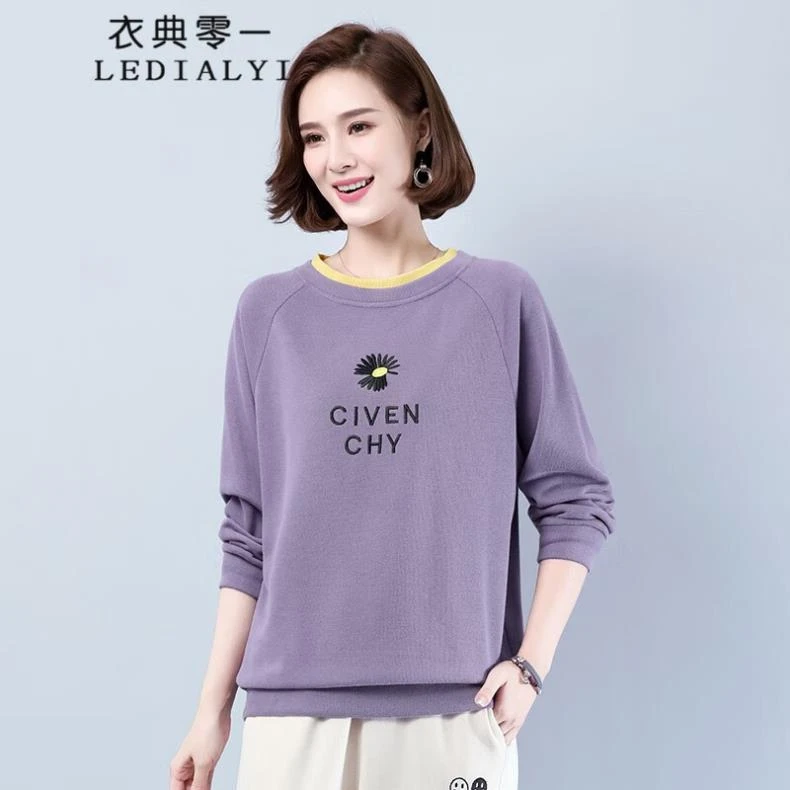 春秋季时尚洋气休闲上衣长袖短款圆领无帽卫衣女宽松套头打底衫