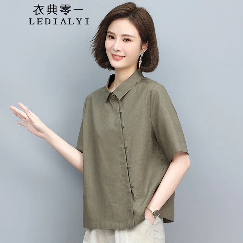 棉麻衬衫女短袖2025夏季女装新款高级感休闲洋气显瘦中年衬衣上衣
