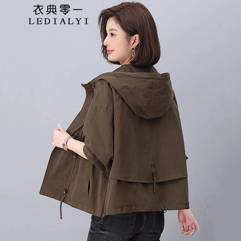 杭州意法风衣女款2025新款春秋短款小个子休闲宽松纯棉连帽外套女