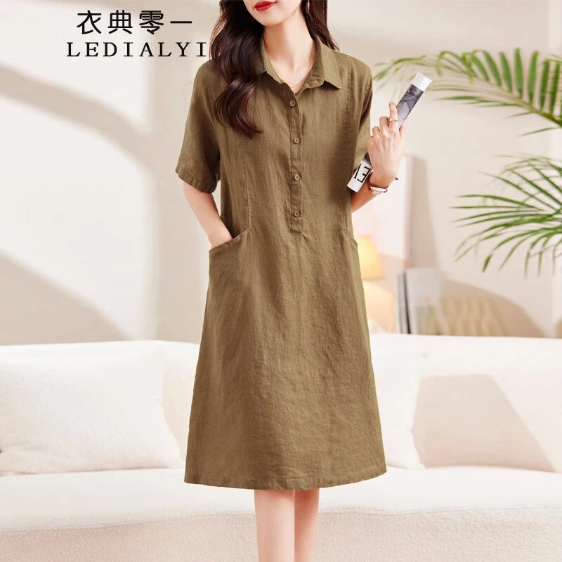 棉麻连衣裙2025夏季女装新款中年休闲气质遮肚子亚麻衬衫裙子夏天