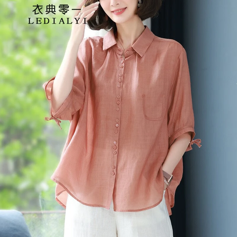 2024夏季女装新款高级感休闲洋气中年棉麻衬衫女短袖亚麻衬衣上衣