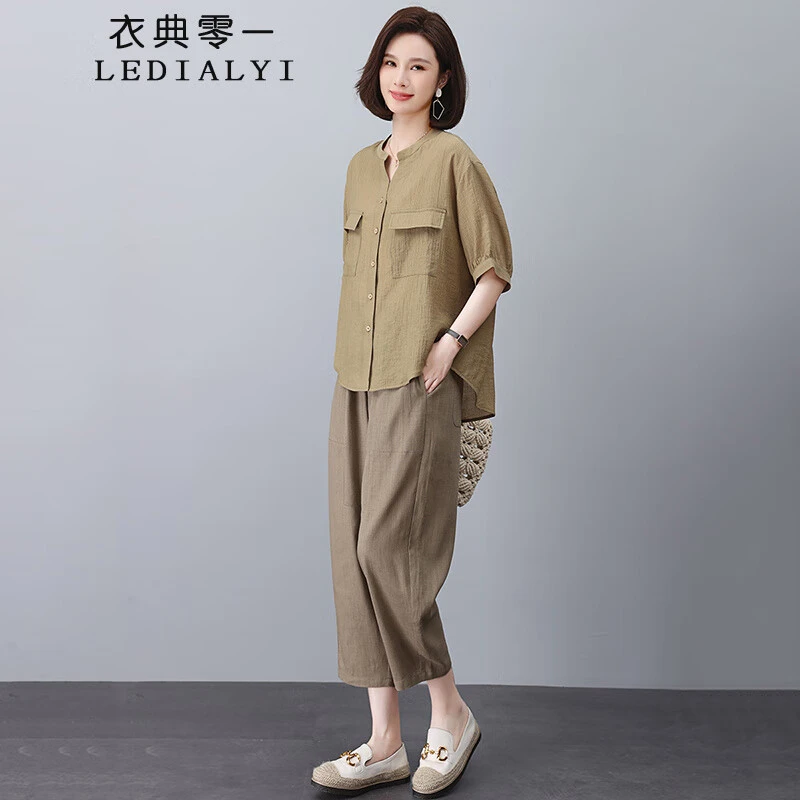 中年妈妈套装裤女夏2025新款时尚洋气休闲小个子衬衫九分裤两件套