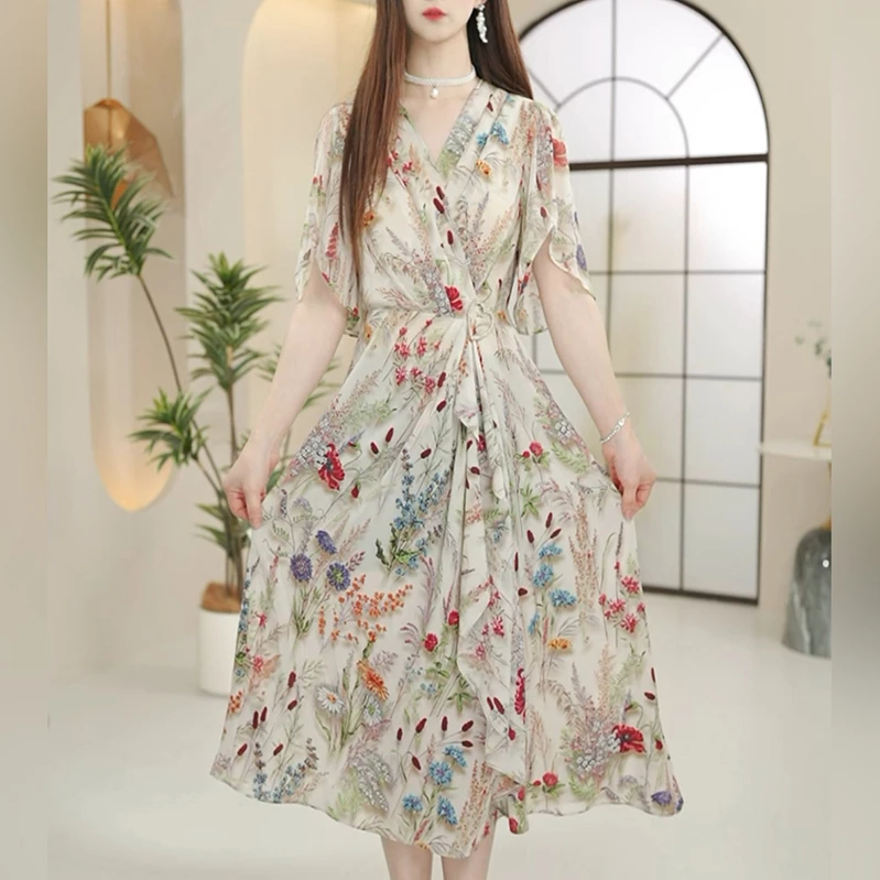 夏季新款V领精致高端设计感垂感长款显瘦收腰连衣裙/FLS960