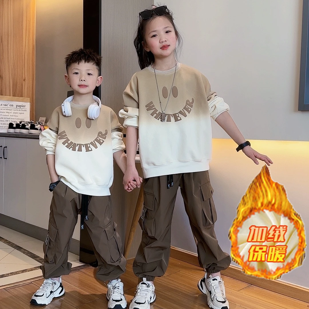 姐弟装加绒秋冬新款儿童男女童时尚休闲中大童套装工装裤卫衣套装