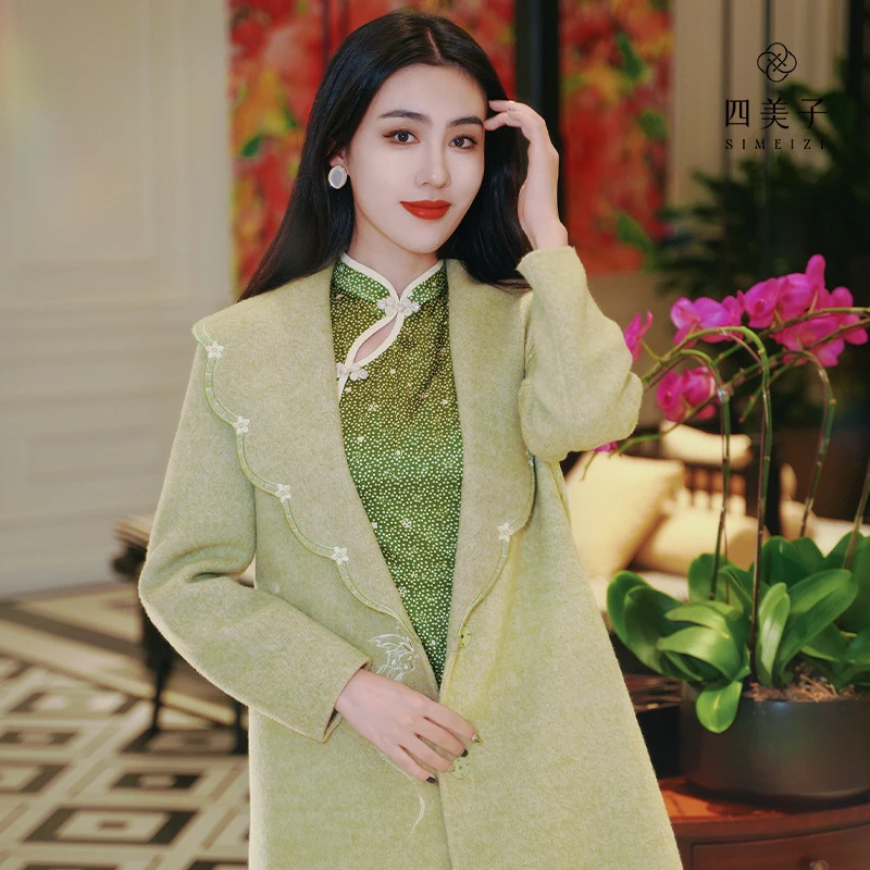 四美子花不语秋冬季双面羊毛呢刺绣外套大衣时尚保暖百搭新中式