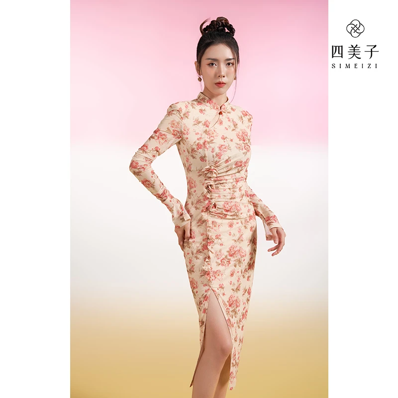 四美子游园戏梦印花春秋季网纱手工立体花朵旗袍裙显瘦气质复古