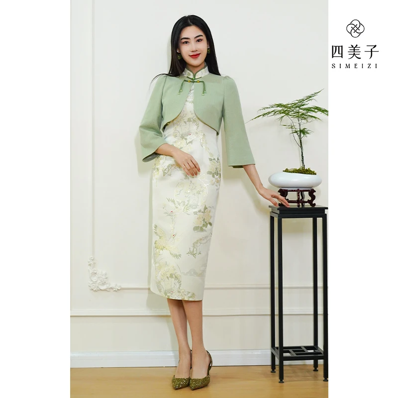 四美子松上月鹤语秋冬季旗袍女装连衣裙短外套套装新中式雅丹风