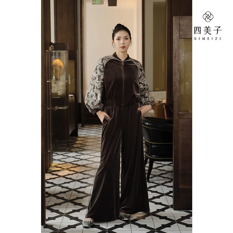 四美子摩卡玫瑰秋季丝绒阔腿裤新中式国风复古气质时尚新款原创