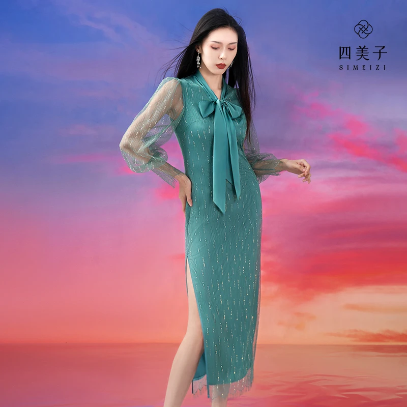 四美子淡柳絮秋季改良旗袍连衣裙蕾丝原创新款高档新中式国风女装
