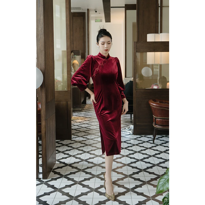 四美子金叶秋声红色秋季烫金绣花丝绒长款旗袍裙复古新款新中式