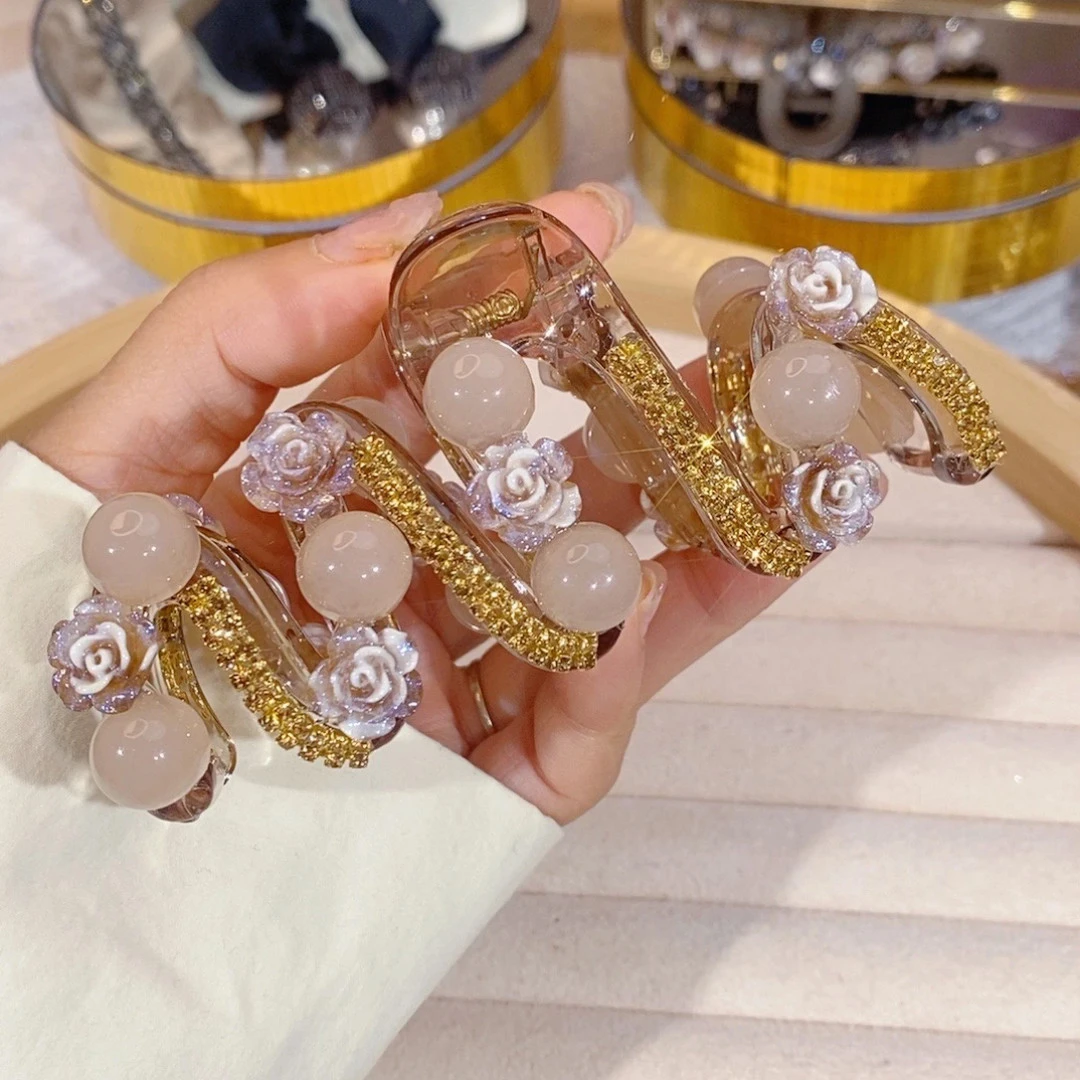 A1026新款韩版碎钻波浪山茶花珠珠抓夹10cm轻奢优雅
