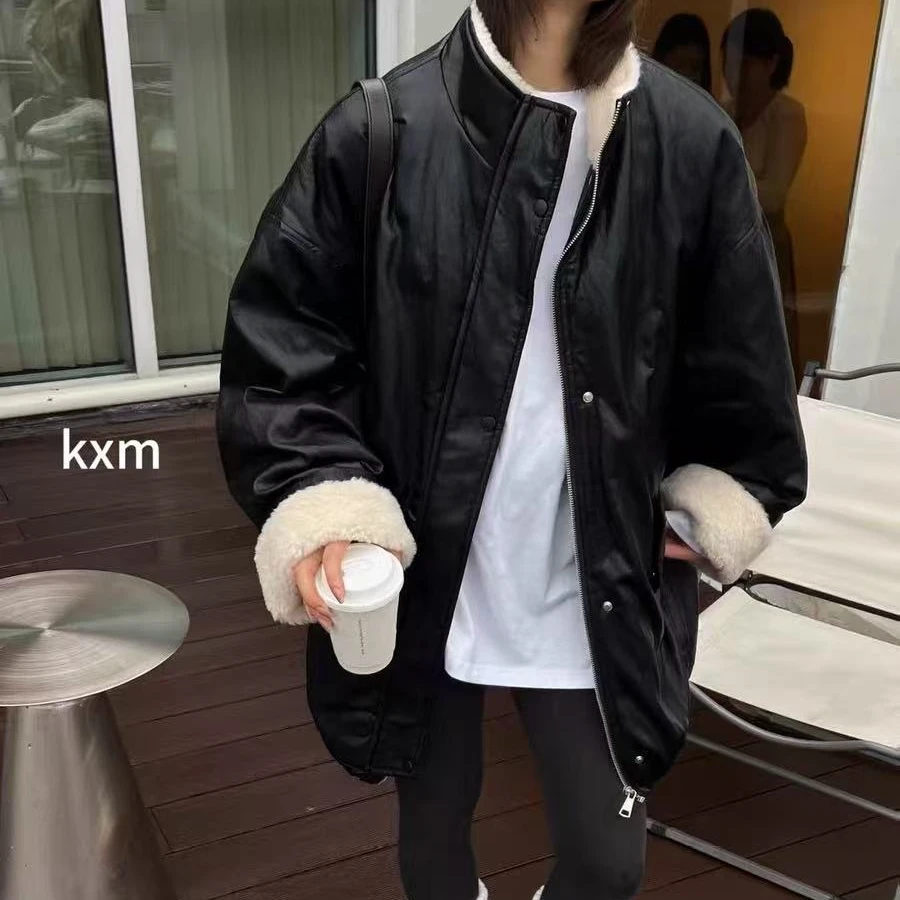 8821·PU外套 WT# 冬季小立领PU加厚绒中长款外套•