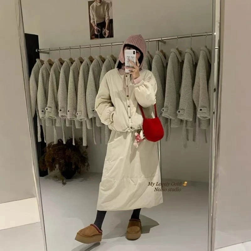 006•棉服套装 TZ# 冬季韩系圆领设计感棉服+半身裙套装•