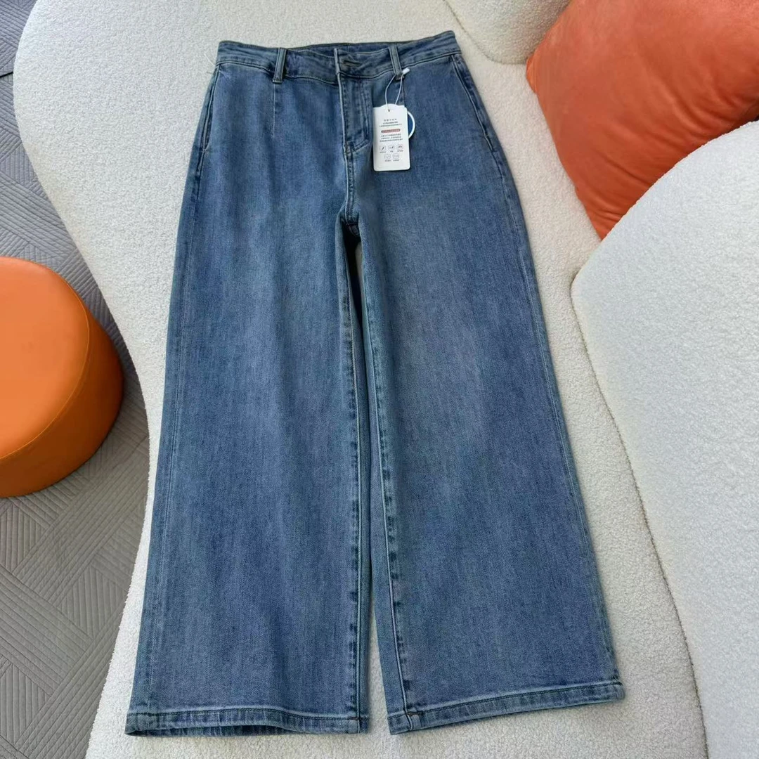 秋季女高腰牛仔裤牛仔直筒裤阔腿裤