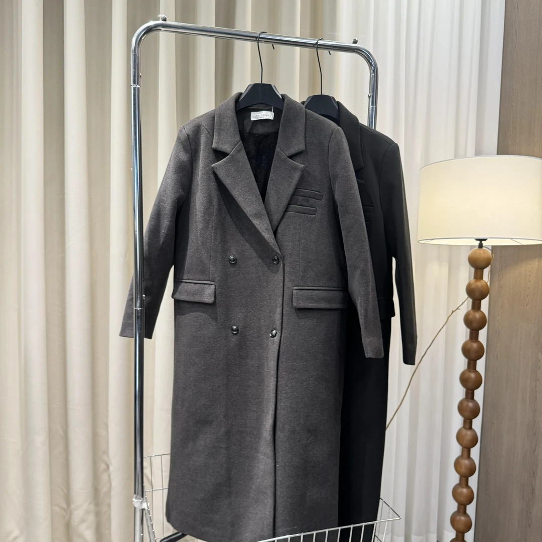 【ZZ严选】5131韩剧女主西装翻领长款毛呢外套气质加绒呢子大衣冬季