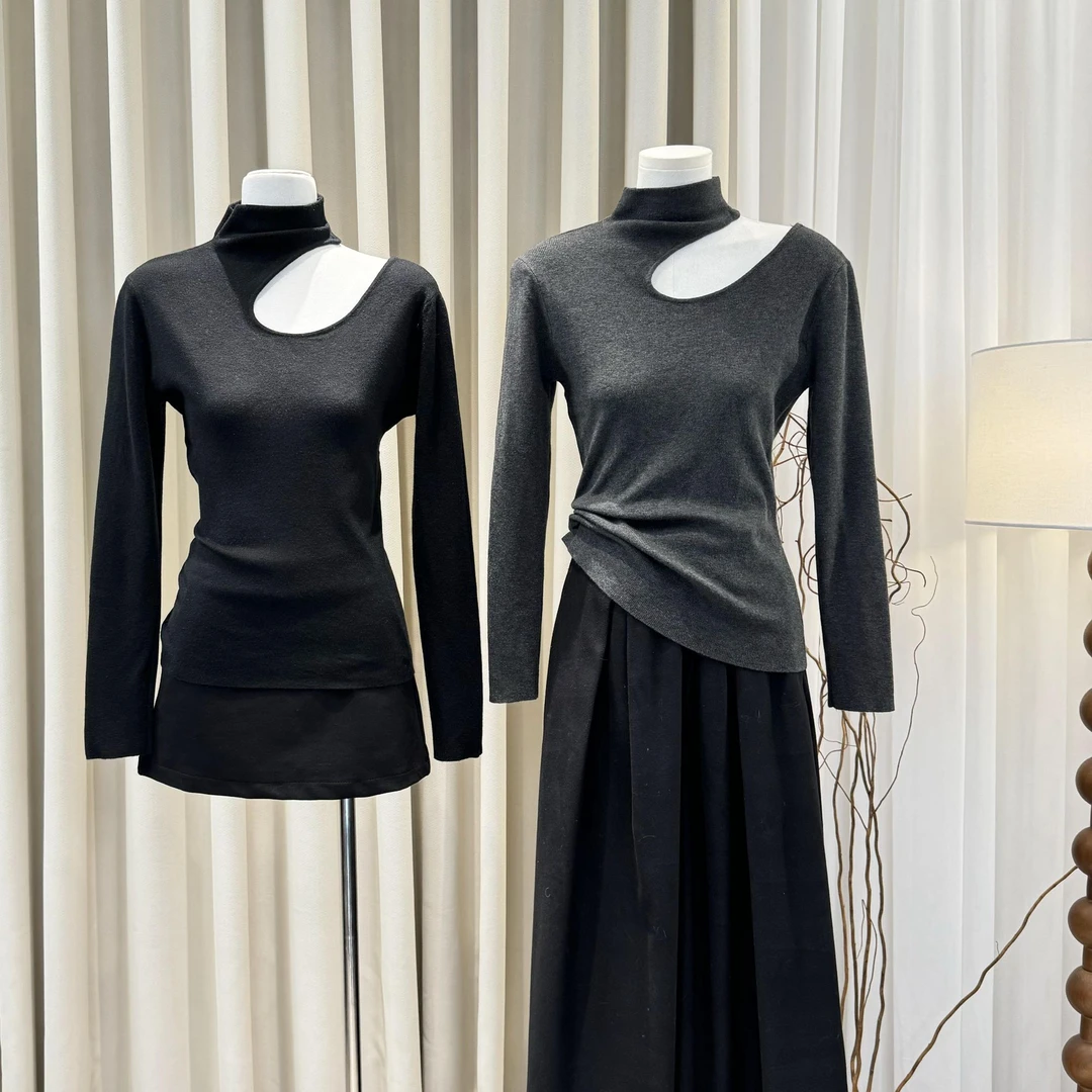 【ZZ严选】E221甜辣妹立领修身套头针织衫女不规则挖肩打底毛衣秋冬