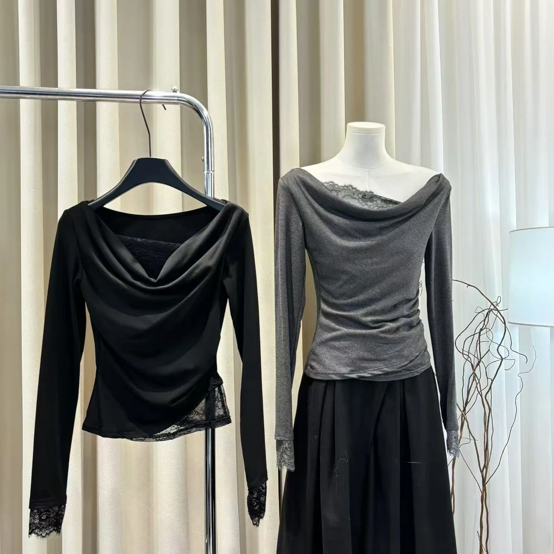 【ZZ严选】6236甜辣妹荡领修身长袖T恤女蕾丝性感短款打底上衣秋冬