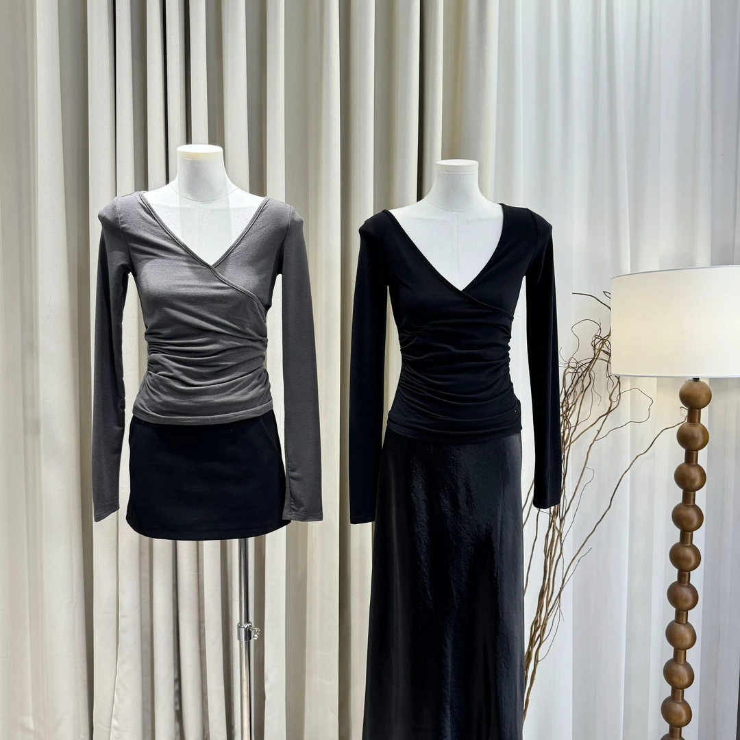 【ZZ严选】6173法式甜辣妹不规则交叉长袖T恤女修身打底衫短款上衣