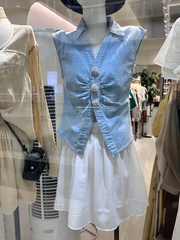 牛仔衬衫上衣无袖夏季衬衣时尚小众修身韩版