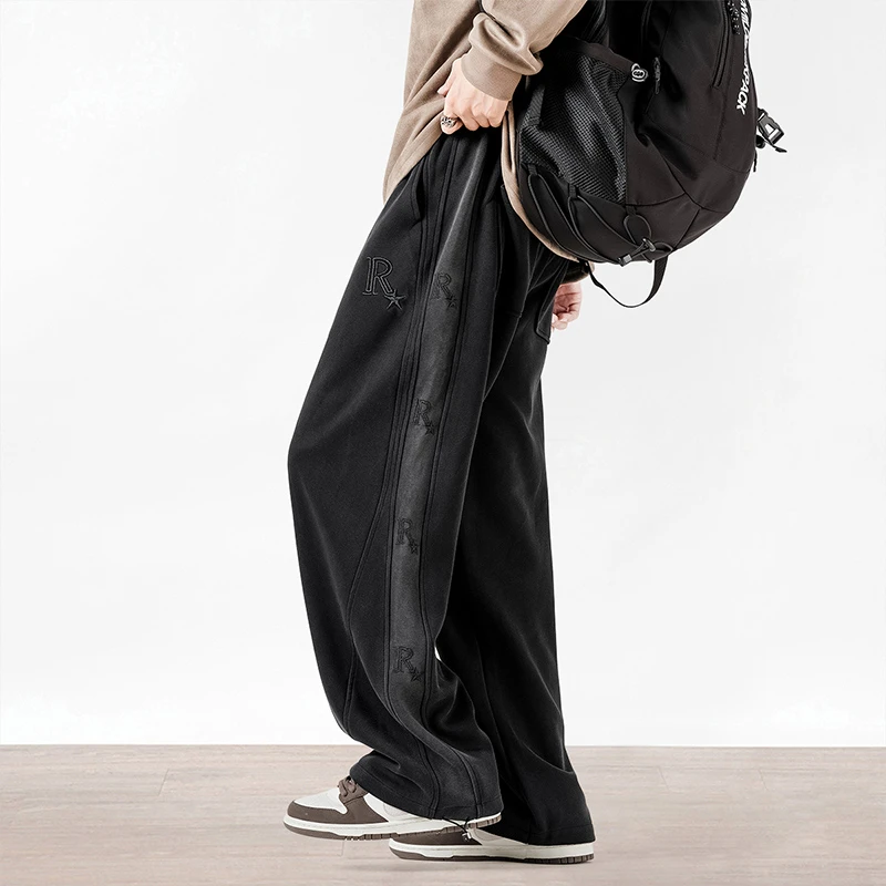 秋季休闲运动裤子男宽松字母长裤潮2023新款百搭抽绳子直筒阔腿裤