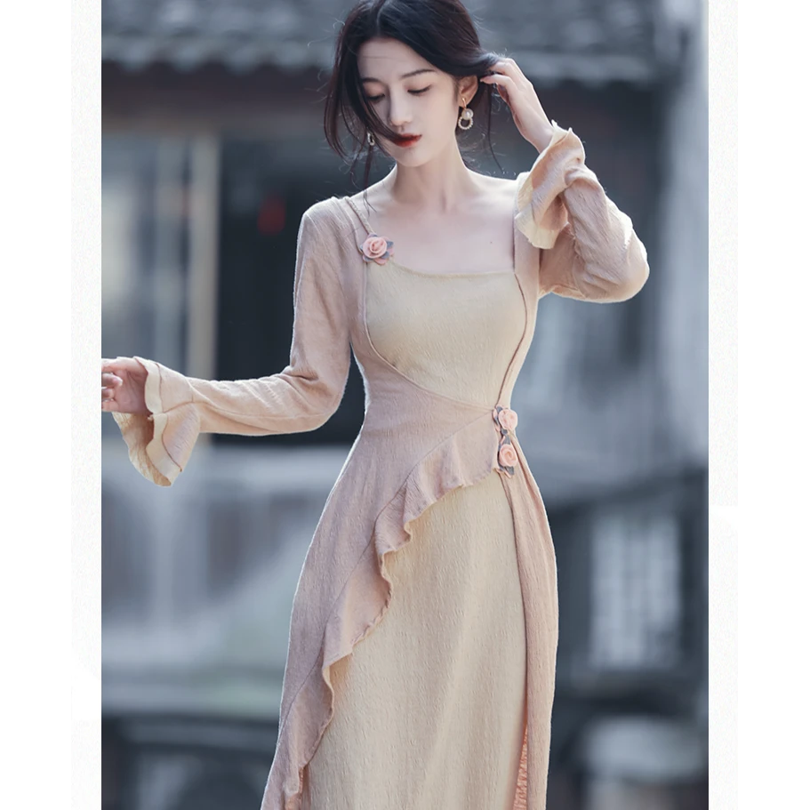 【枯木系】新中式国风复古荷叶边假两套连衣裙收腰气质长裙