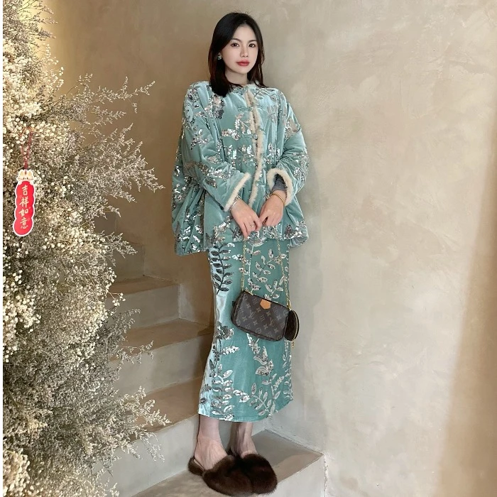 【翠华隐】丝绒亮片开衩新中式国风长款半身裙+棉服外套