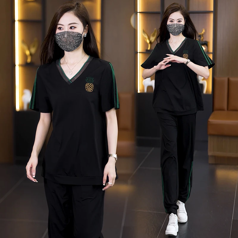 2024夏季新款时尚套装大码短袖上衣遮肉宽松显瘦减龄气质两件套女