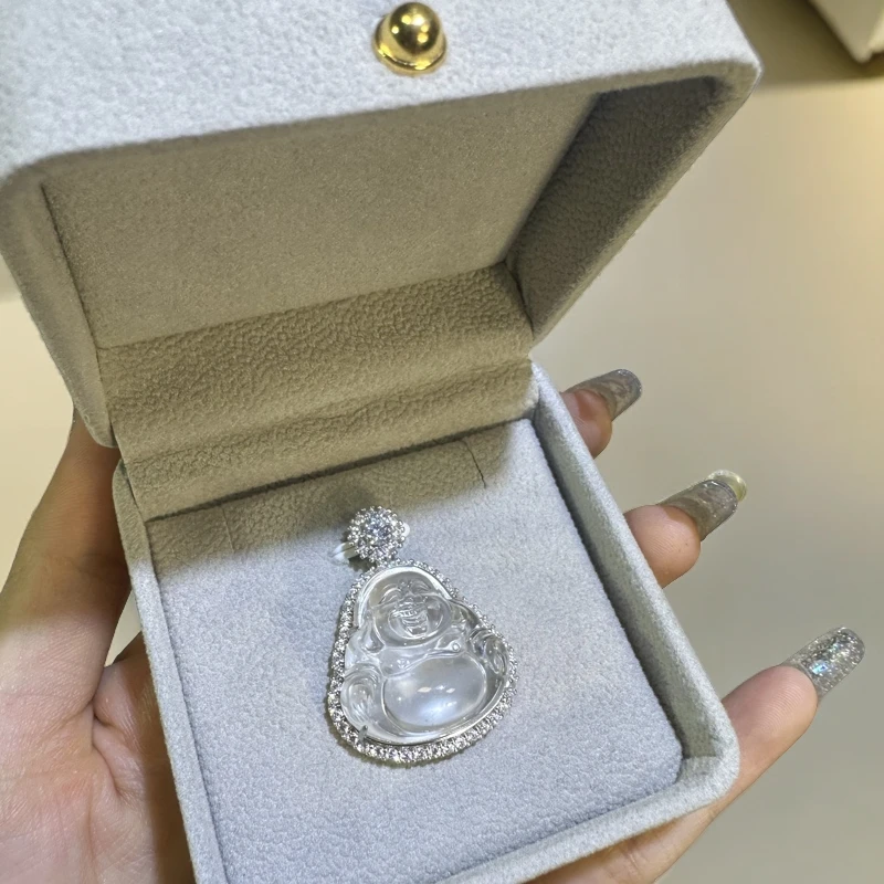 JINDAXIANG 纯银镶嵌玉佛公项链吊坠轻奢时尚饰品