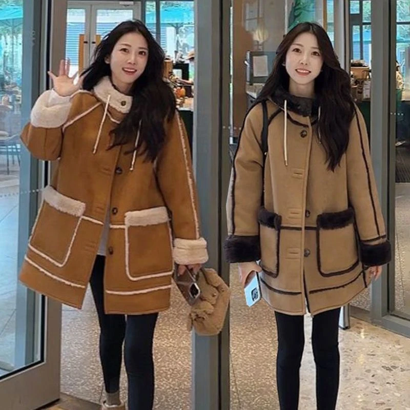 冬季保暖新款加绒厚仿鹿皮绒外套女高级感宽松皮毛一体中长款大衣