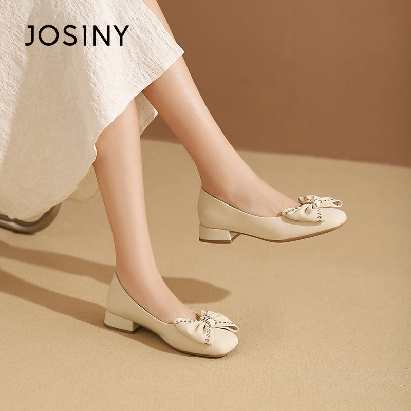 卓诗尼低跟单鞋女2024夏季女士蝴蝶结粗跟通勤女鞋一脚蹬方跟皮鞋