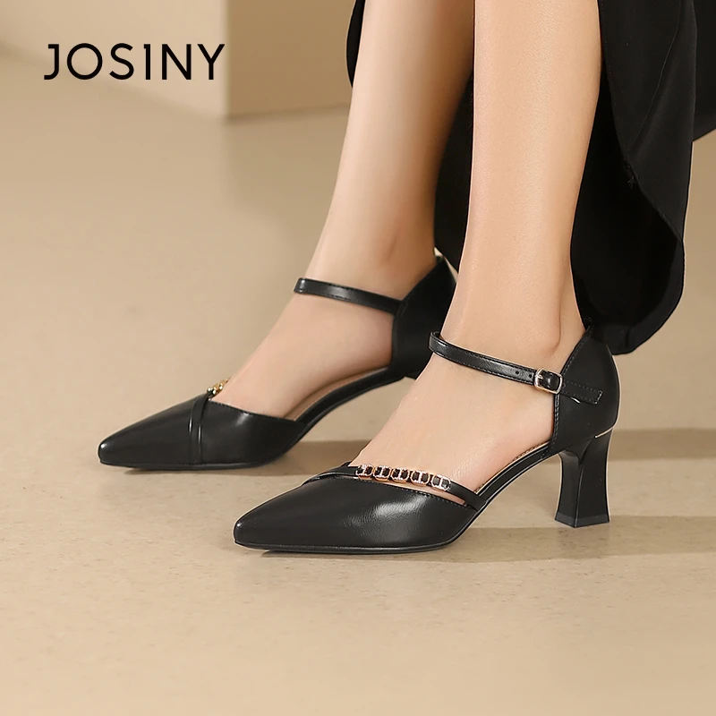 卓诗尼尖头粗跟高跟鞋女2024夏季新款水钻一字带百搭气质时尚女鞋