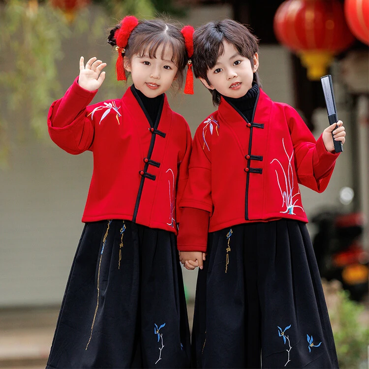 儿童春秋冬季加绒男童幼儿园服中国风改良唐装古装演出服女童古风