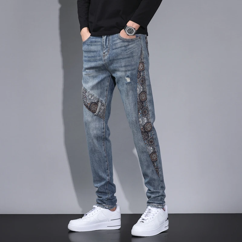 K51男士高端拼接牛仔长裤秋冬潮牌2024新款修身小脚直筒弹力潮流