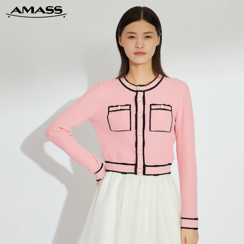 AMASS/阿玛施秋季新款小香风短款拼色纯羊绒针织开衫长袖-5499146