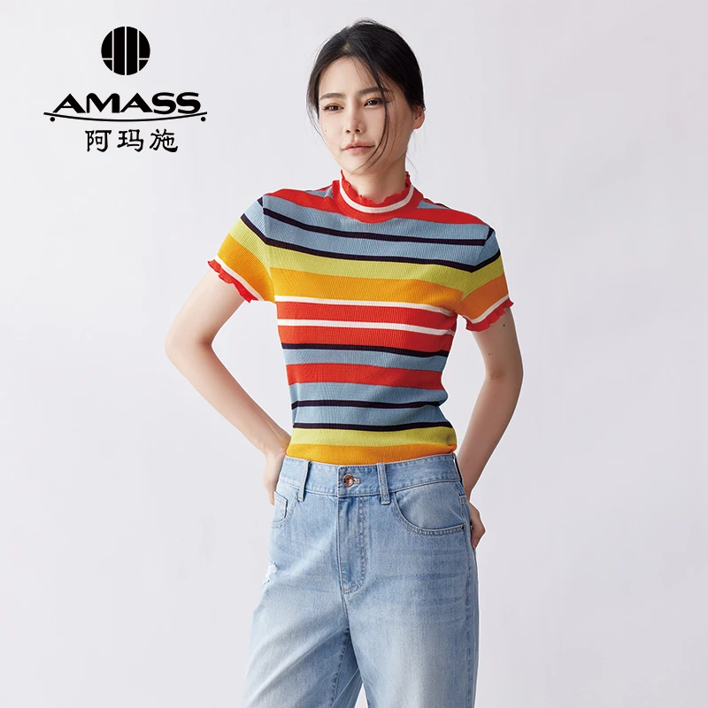 AMASS/阿玛施2024夏季条纹波浪荷叶烟管领修身高弹力T恤5300603