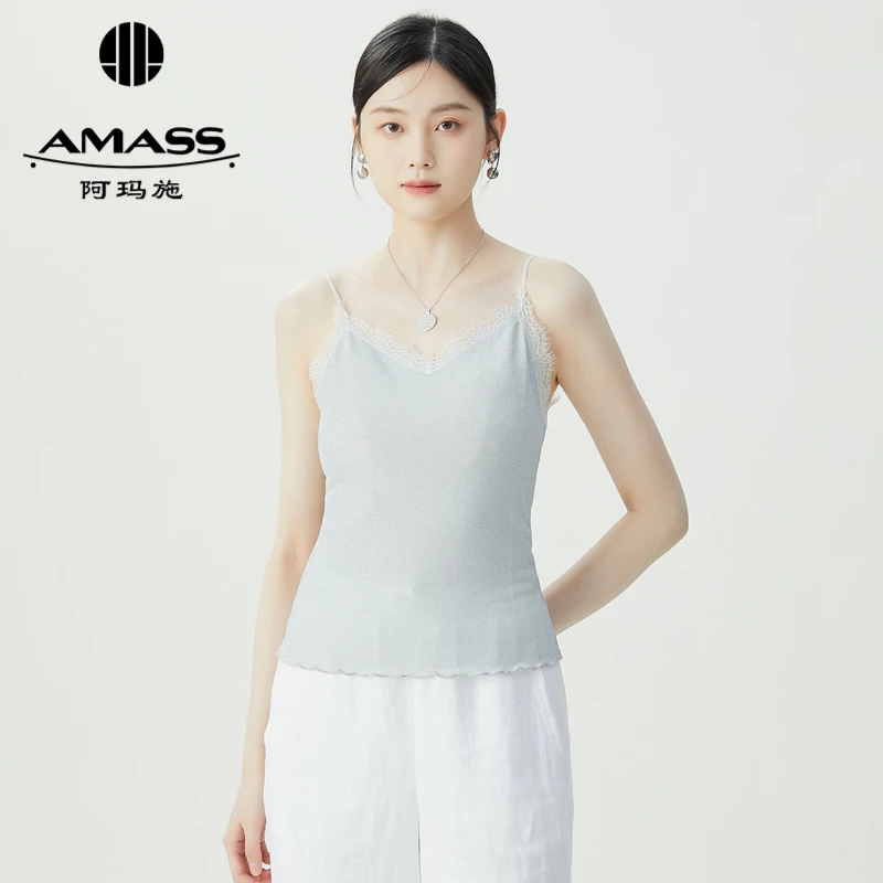 AMASS/阿玛施时尚蕾丝花边拼接经典百搭细闪银吊带背心女-5300516