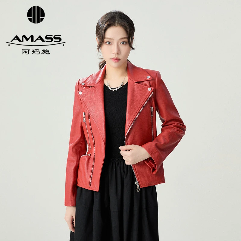 AMASS/阿玛施新款时尚高级款复古翻领收腰显瘦拉链夹克女-6400043