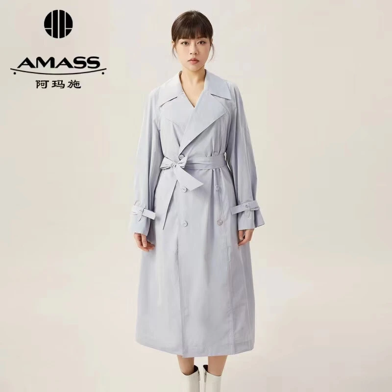 AMASS/阿玛施【长款】大翻领双排扣系带半插肩袖长款风衣女-5400748
