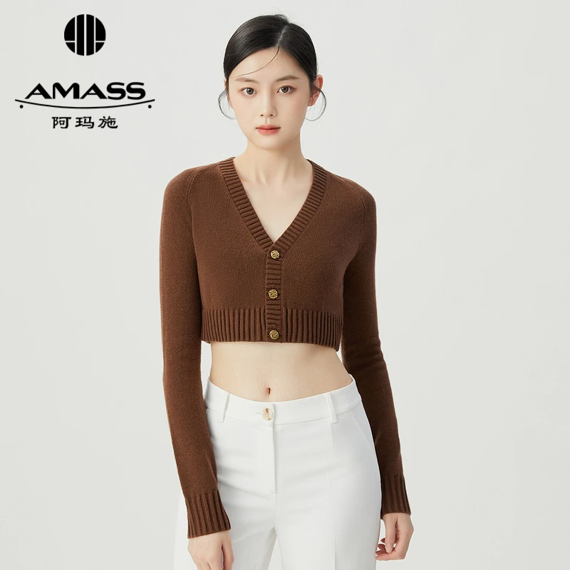 AMASS/阿玛施新款复古修身短款V领长袖纯羊绒针织开衫外套5499199