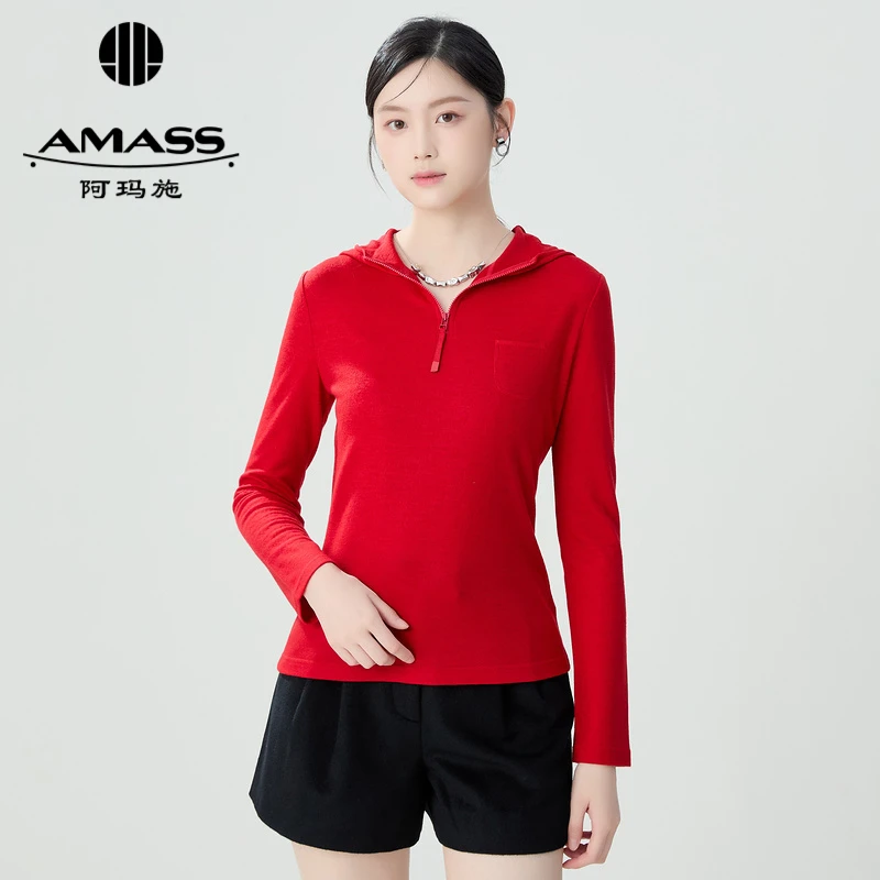 AMASS/阿玛施新款运动学院风红色休闲百搭长袖连帽卫衣女-5300662