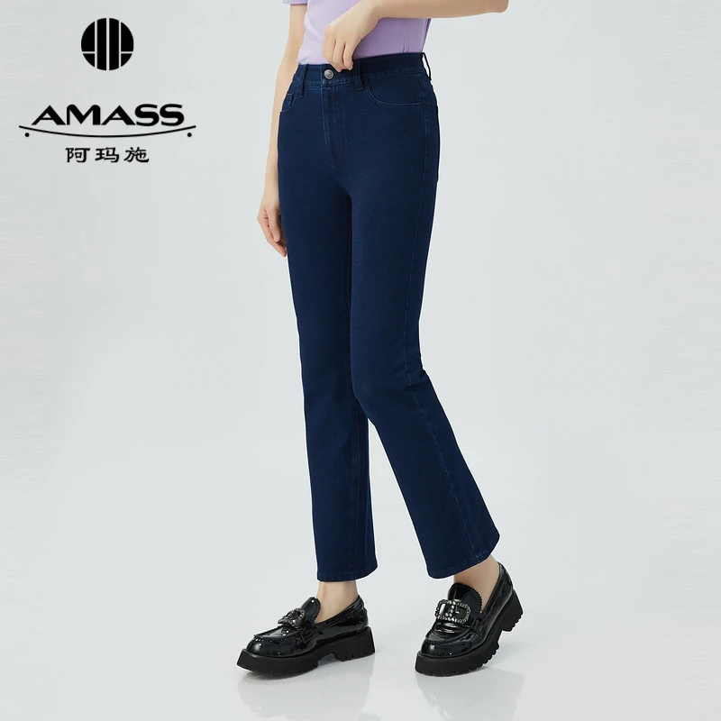AMASS/阿玛施新款高腰修身微喇裤丹宁风休闲牛仔九分裤女5100471