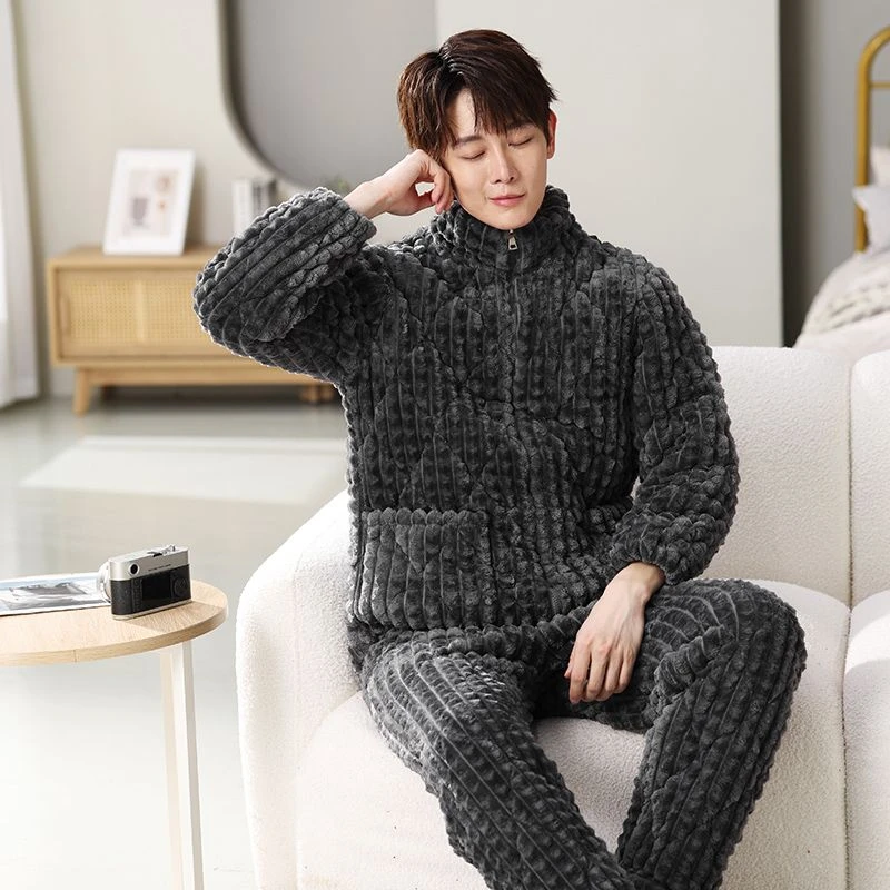 【高人雅士】男士加绒睡衣立领拉链大码秋冬时尚保暖加厚三层外穿热