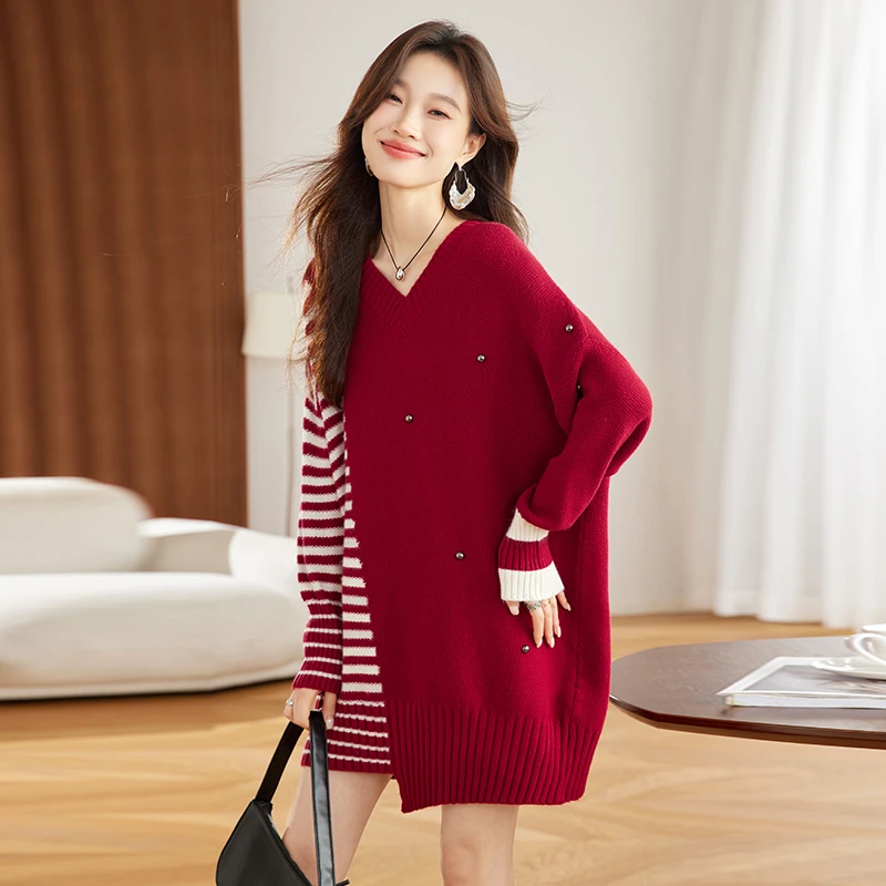 2025蛇年本命年女装毛衣中长款条纹拼接针织衫红色宽松加厚打底衫
