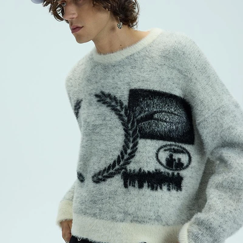 WHISTLEHUNTER(WSTHT)两色仿貂毛提花设计印花大廓形短款圆领毛衣