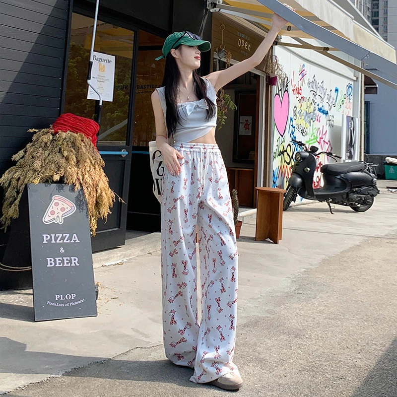 2024年春季新款高腰抽绳小鹿印花宽松慵懒印花百搭运动休闲裤子