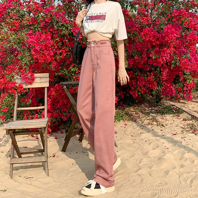 脏粉色高腰阔腿牛仔裤女2025夏季薄款新款毛边美式宽松直筒拖地裤