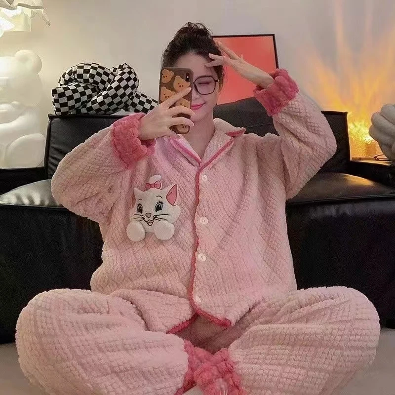 睡衣女套装保暖女士加绒珊瑚绒家居服两件套大码长袖加厚甜美