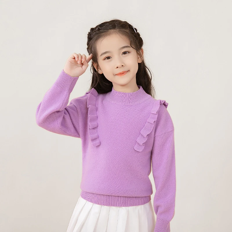 2022秋冬最新款女童时尚花边羊毛衫超萌保暖洋气毛衫圆领套羊毛衫