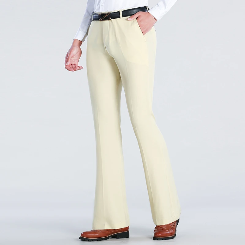 夏季冰丝凉感喇叭裤男韩版修身垂感阔脚弹力西裤青年休闲薄款男裤