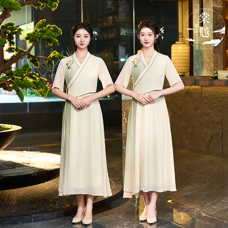 棠越秋冬新款足浴技师工作服女足疗养生馆连衣裙中式复古套装3693